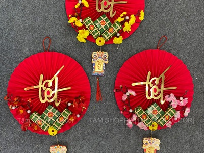 Vòng treo cửa Tết Quạt giấy nhung Đỏ Tết bánh chưng xanh [3 kiểu - Nhẹ] N30cm VTC-T-47